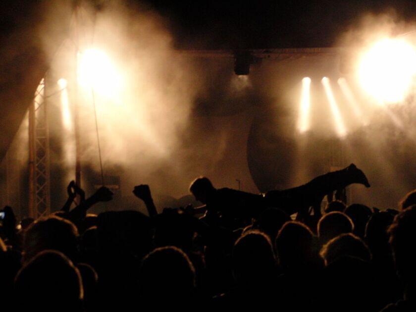 Tijdens dit evenement in 013 Poppodium is stagediven wél toegestaan / Foto: "alec ampire stagedive at Fusion09" door Retinafunk